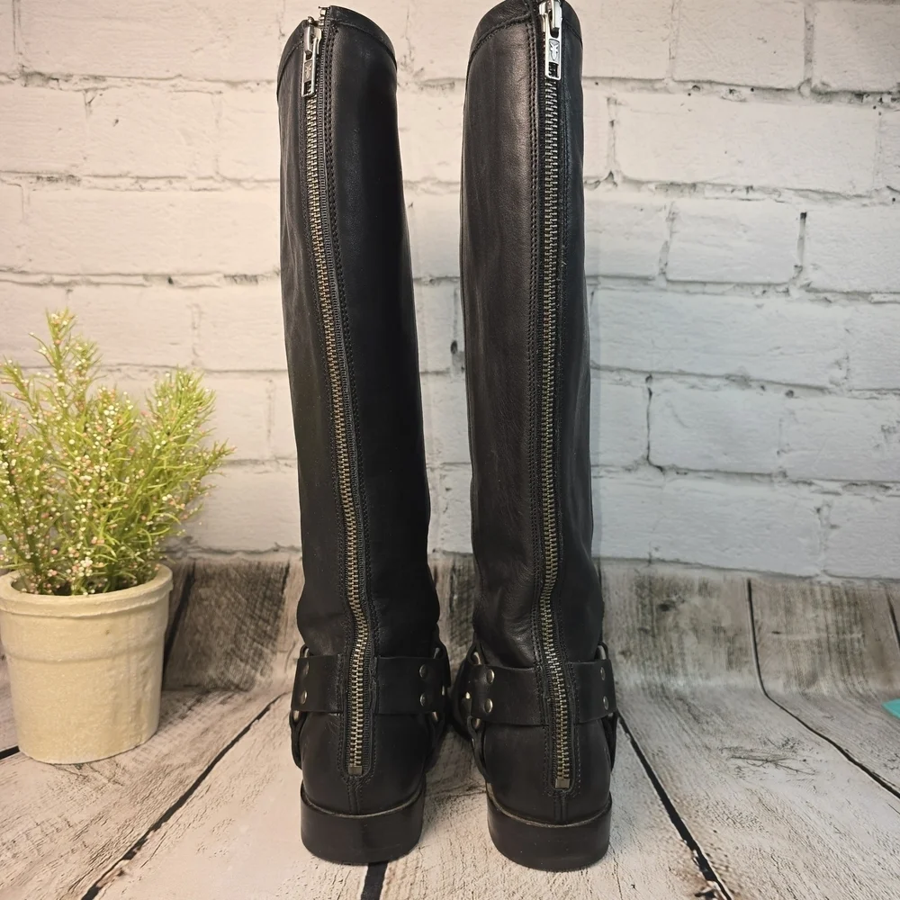 FRYE PHILLIP HARNESS TALL BLACK LEATHER BOOT FULL ZIP BIKER WOMENS 6 EUC